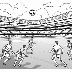 a soccer game in a stadium with four players disputing a match