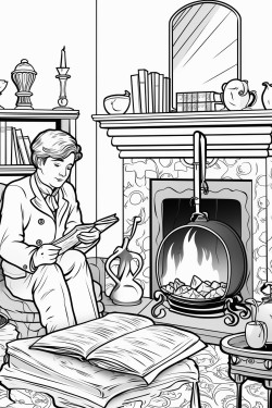 a cosy detective fireside scene with lots of books and other detective objects such as a magnifying glass