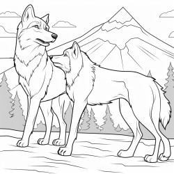 dog and a wolf staring at each other in the wilderness of alaska in the style of comic book