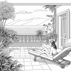 mediterranean beach house with a pool and an ocean view  a woman is reading amongst the foliage