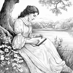 a victorian young woman reading a book under a tree by a beautiful river in spring