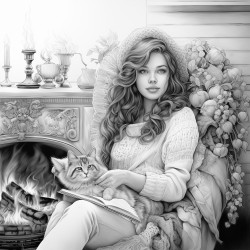4a woman in a cozy chair by a fireplace a cat in her lap while she sips her tea