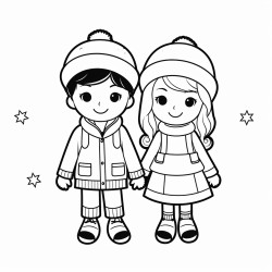 simple childrens coloring page with continuous thick lines and with no greyscale no background and no shading of 2 kawaii children ice skating on a frozen pond wearing santa hats
