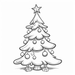 black and white coloring book drawing only thick outlines no grayscale for children cartoon style christmas tree