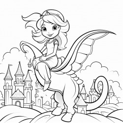 princess riding a dragon over a skyline