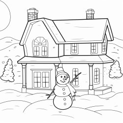 a house covered in snow and a snow man on the lawn