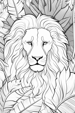 a lion in front of philodendron leaves palm leaves banana leaves