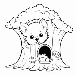cute little dog inside a tiny house inside of a tree