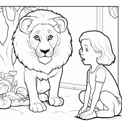 little girl at the zoo watching a lion laying down within the lion encloseire