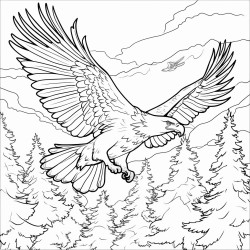 a eagle flying through a dark forest carrying a key in its beak