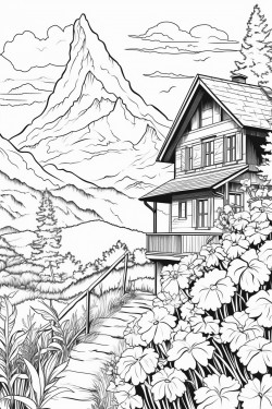 a flacon in the sky in background switzerland landscape with a quaint stone house surrounded by flowers