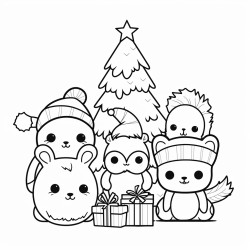coloring book page white background cute kawaii animals in christmas scenes
