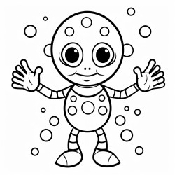 polka dotted alien with three orange eyes a green body 2 arms with 4 fingers 2 legs and short stuck at an airport