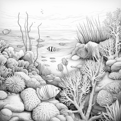 ocean scene with a lot of animals seaweed and clams