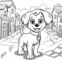 could you please draw a cartoon puppy in a town on cobbled road