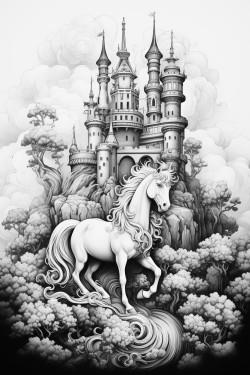 a castle in the clouds and a flying unicorn