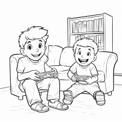 two young brothers playing video game at home