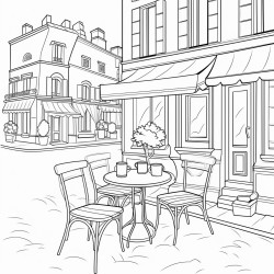 a small bistro table on a quiet street with a cup of coffee a croissant and a notebook