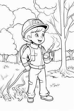 a child dressed as a french firefighter uses a hose to put out a small forest fire and save animals
