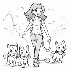mom and daughter walking two cats