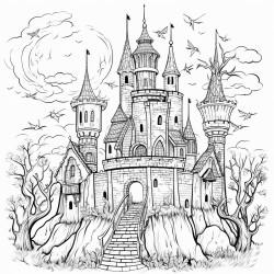 a magical halloween castle with turrets and a witch flying above