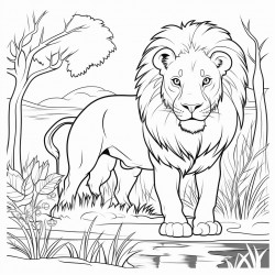 a lion watching an elephant drink water with a wolf hiding in the bushes