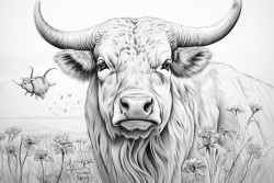 buffalo head with long horns and bird perched on horn