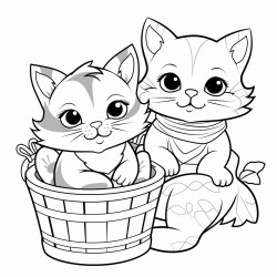 a kitten in a basket with a cat sitting beside the basket