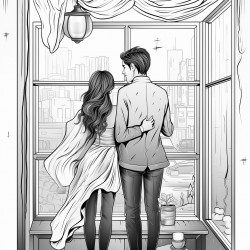 raining standing couple back window bookshelf coffee