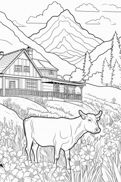 switzerland landscape with a quaint stone house surrounded by flowers and a cypress tree cows graze in lavender fields