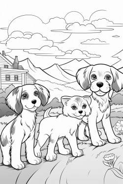 2 bengals and one cocker spaniel in a village between rolling hills and whispering trees