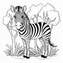 black and white coloring book drawing only thick outlines no grayscale for kids cartoon style zebra forest