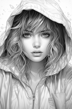 woman with hair just below shoulders wearing only a raincoat with the hood up and an umbrella open in her hands