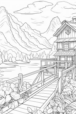 switzerland landscape with a quaint stone house surrounded by flowers wooden dock extending into a lake