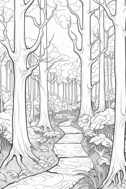 forest scene with tall trees and a winding path