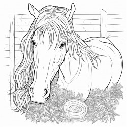 horse in a stable with hay in its mouth