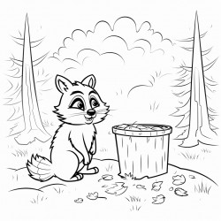 raccon scattering waste bin in the middle of a forest with tress