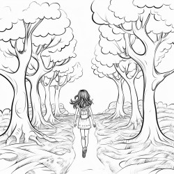 a young girl walking down a path surrounded by towering trees with whimsical twisted branches and oversized leaves