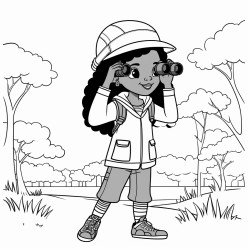 african american cute girl birdwatching holding binoculars looking into trees