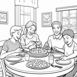 family sitting around kitchen table eating pie