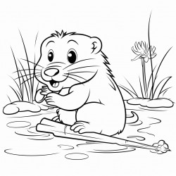 beaver chewing on stick in a stream with meadow