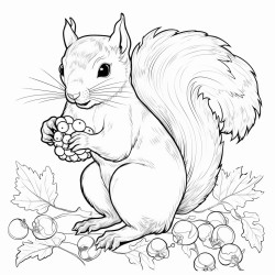 create a blackandwhite coloring page of squirrels gathering nuts the squirrels should have bold outlines some holding or reaching for acorns include simple details like fallen leaves or tree branches but keep the design uncluttered with large spaces