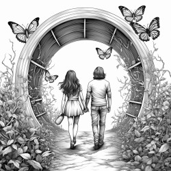 short heavyset young woman with long hair and tall slender younger teenage  brother with shoulder length hair walking through a tunnel of butterflies