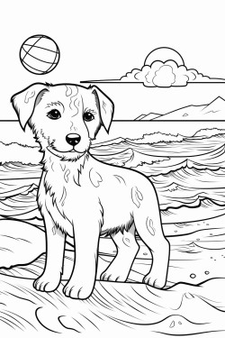 puppy at the beach playing with a ball