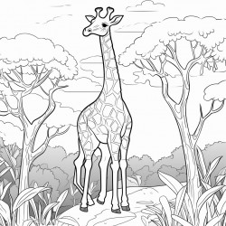 black and white coloring book drawing only thick outlines no grayscale for kids cartoon style giraffe forest
