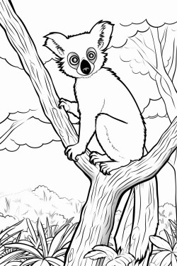 an indri lemur clinging to a tree trunk in the rainforest with smaller trees and birds in the background
