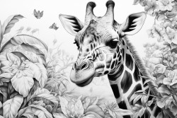 a giraffe feeding on leaves in the jungle while birds are flying up in the sky
