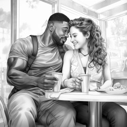muscular african american man with a beautiful curvaceous caucasian woman having coffee at a coffee shop