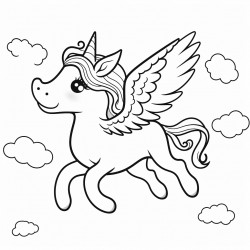 flying unicorn coloring page black and white line art white background simplicity ample white space