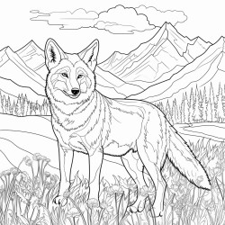 coyote in a meadow with mountains in the backround